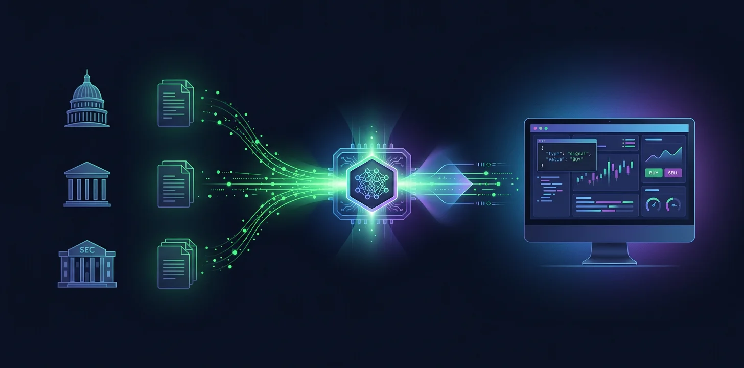 GovGreed API data flow: government data sources flow through AI processing into trading bot signals and JSON API responses