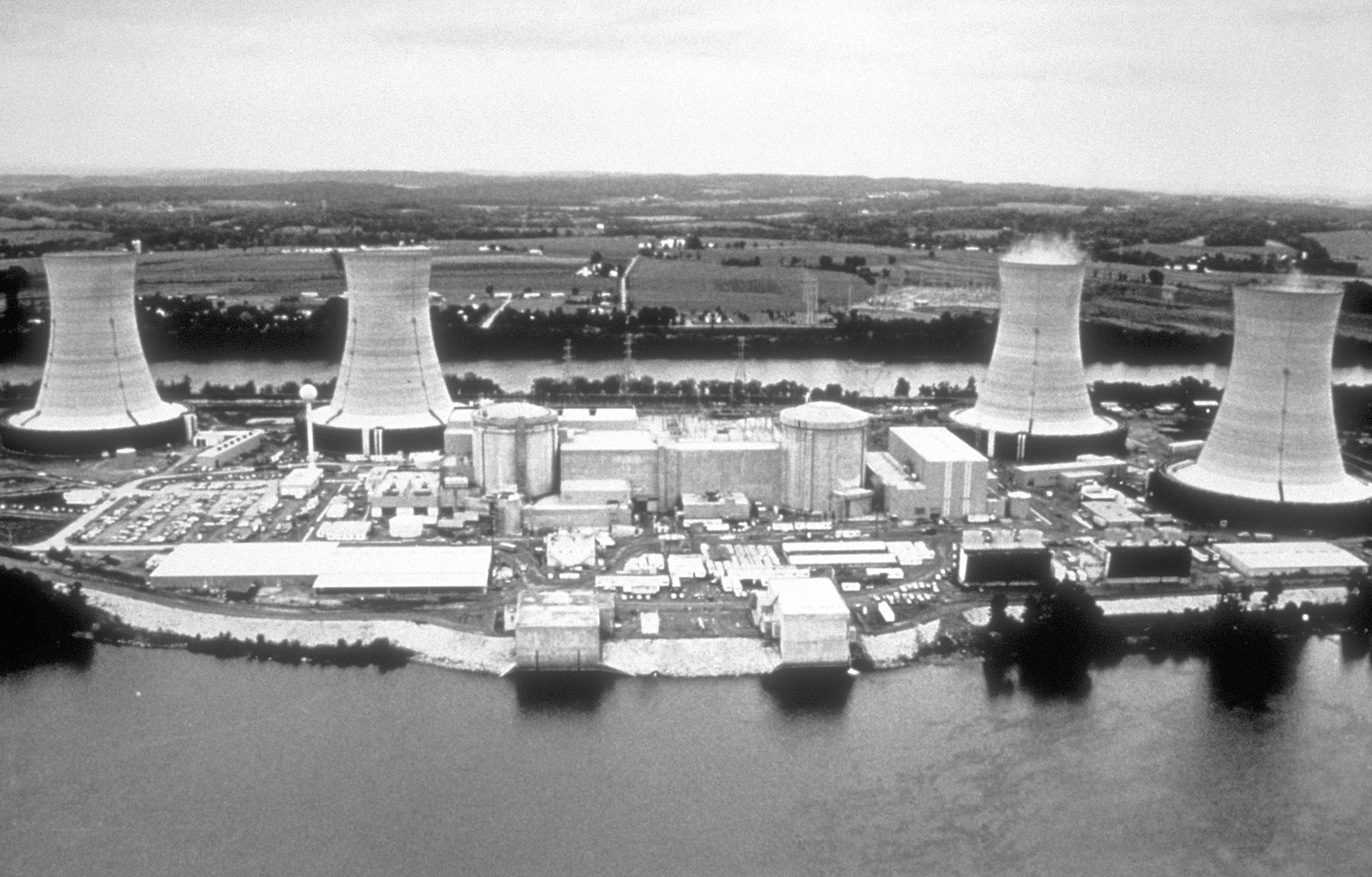 The Three Mile Island nuclear power plant with its cooling towers