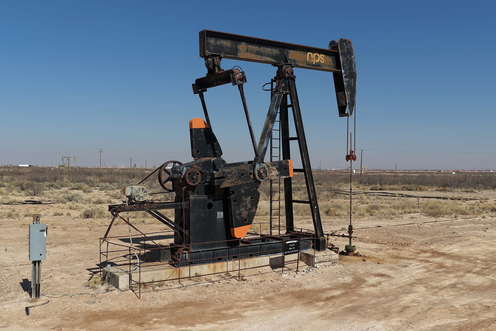 An oil pumpjack at work in the Permian Basin oil field, Texas