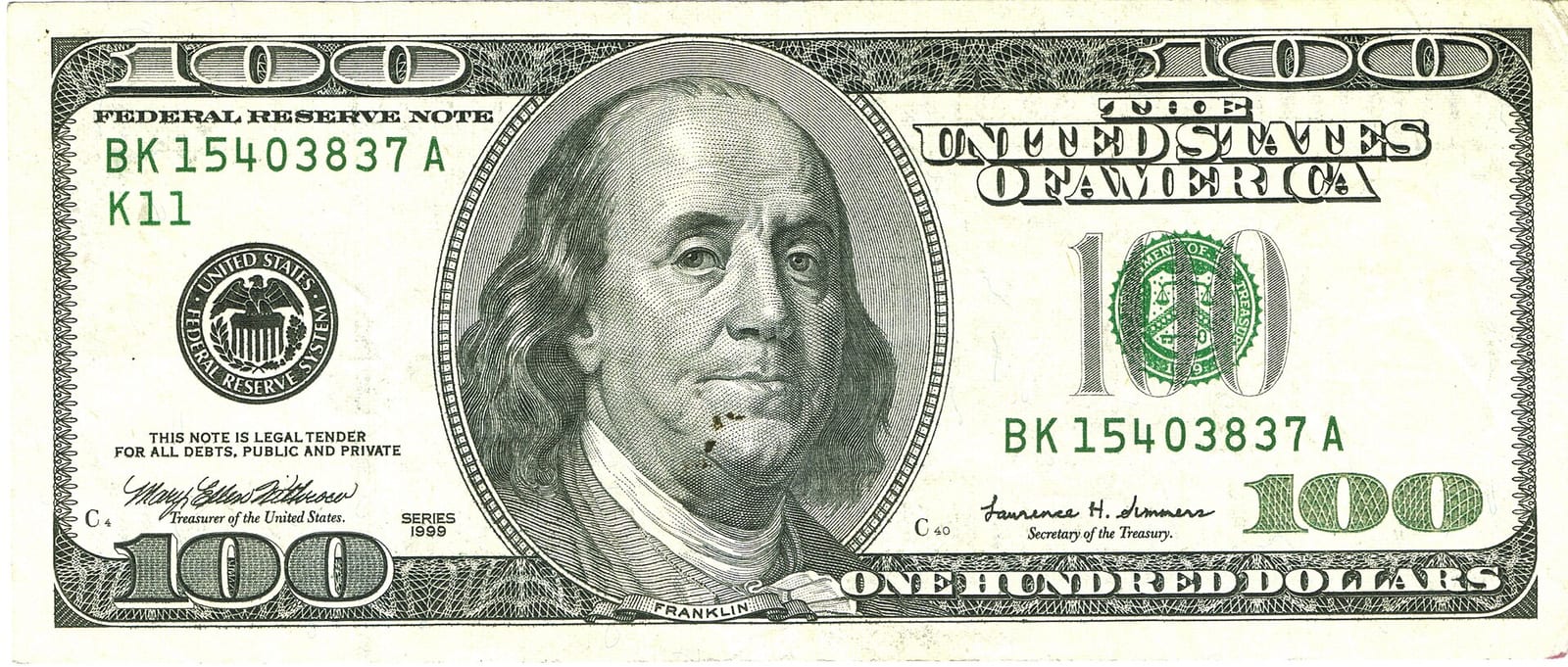 A United States one hundred dollar Federal Reserve Note