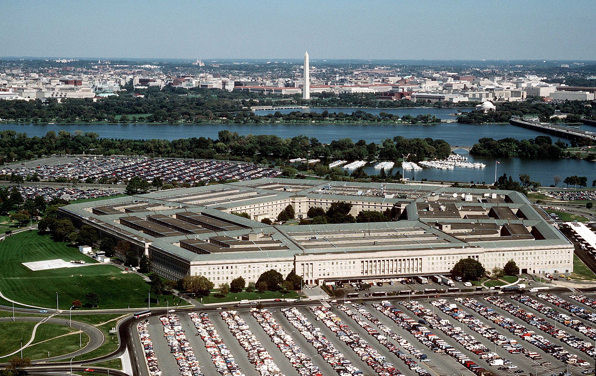 Aerial view of the Pentagon with the Washington, D.C. skyline behind it