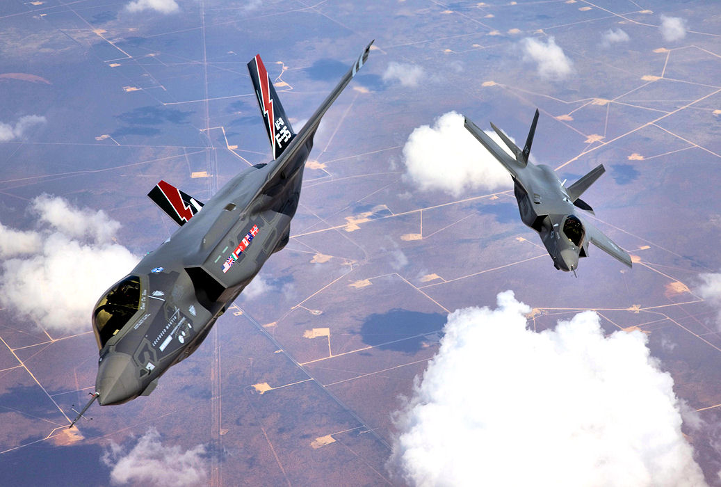 Two Lockheed Martin F-35 Lightning II fighter jets in flight